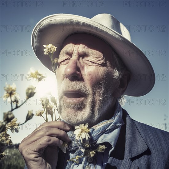Hay fever child suffers from hay fever and is surrounded by pollen flowers