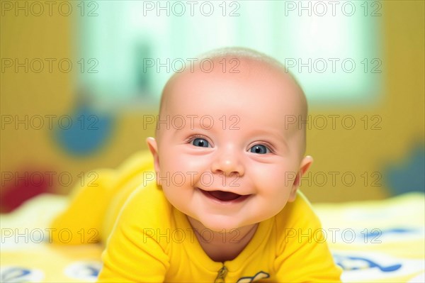 A laughing baby in a yellow romper suit