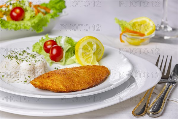 Vegan schnitzel with rice and salad