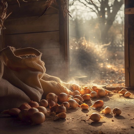 Old sack with onions in natural and rustic environment