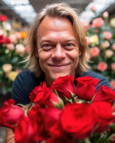 A man with a bouquet of flowers