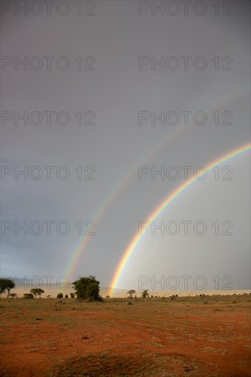 Beautiful wide landscape up to the horizomt and rainbows in the savannah of the Taita Hills Wildlife Sanctuary