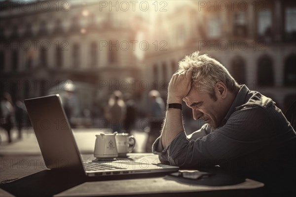 A man sits exhausted at a notebook