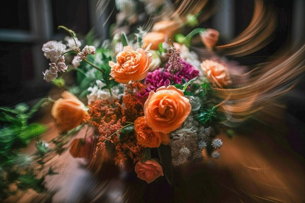 Dynamic throwing of a bridal bouquet at the wedding