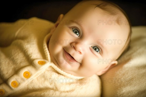 A laughing baby in a yellow romper suit