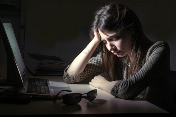 Young woman sitting exhausted at a notebook