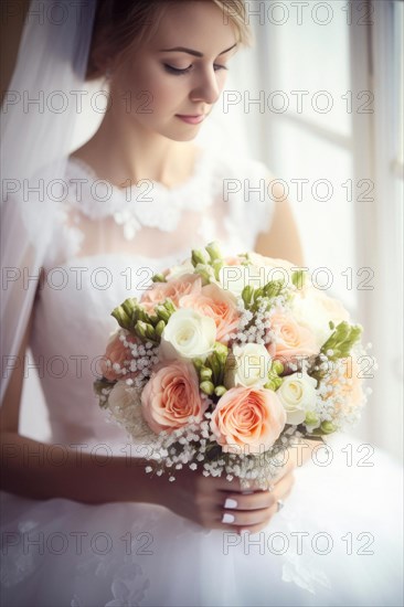 A bride in a white wedding dress holds a beautiful bridal bouquet