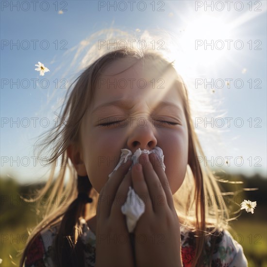 Hay fever child suffers from hay fever and is surrounded by pollen flowers