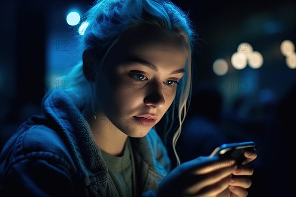 A fifteen year old girl with blonde hair looks at her mobile phone at night