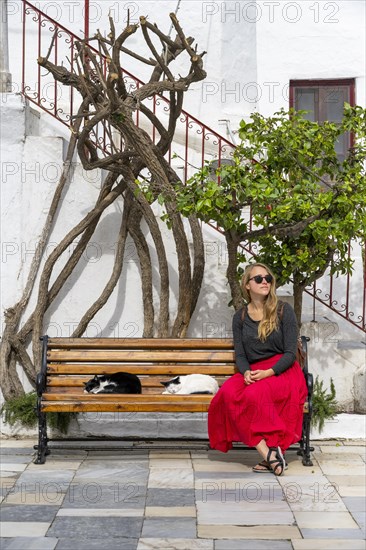 Young woman with red skirt sitting on a bench with sleeping cats
