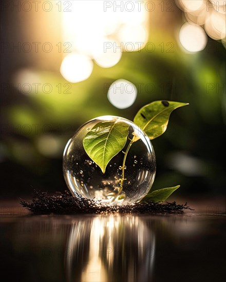 A glass ball from which a green young plant grows