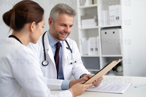 A doctor in a white coat with a stethoscope talking to a patient