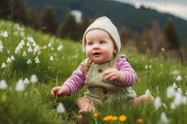 A laughing baby in a woolly hat sits on a green alpine meadow in the mountains among white flowers