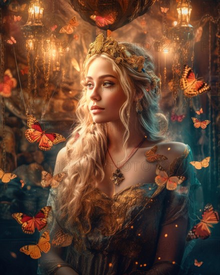 A splendidly dressed young blonde woman in soft light is surrounded by butterflies