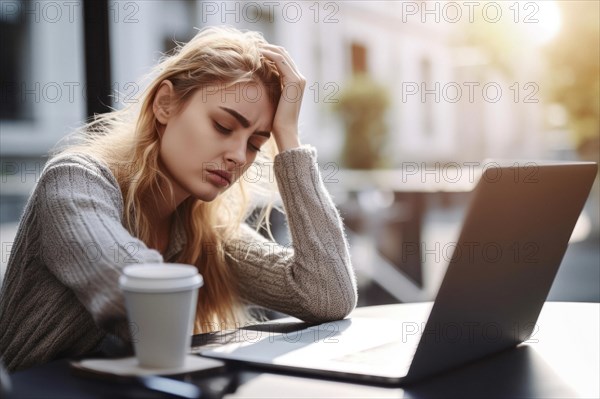 Young woman sitting exhausted at a notebook