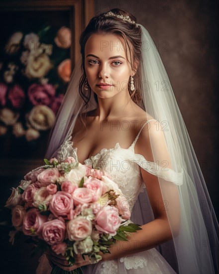 A bride in a white wedding dress holds a beautiful bridal bouquet