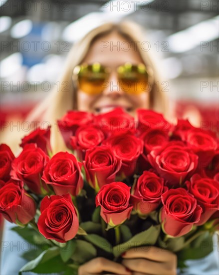 A young woman with large yellow sunglasses holds a bouquet of red roses