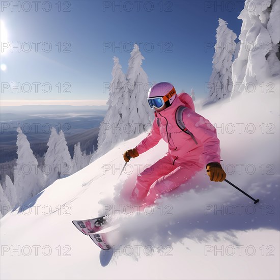 Skier skis fast down a slope on heavily snowy slope