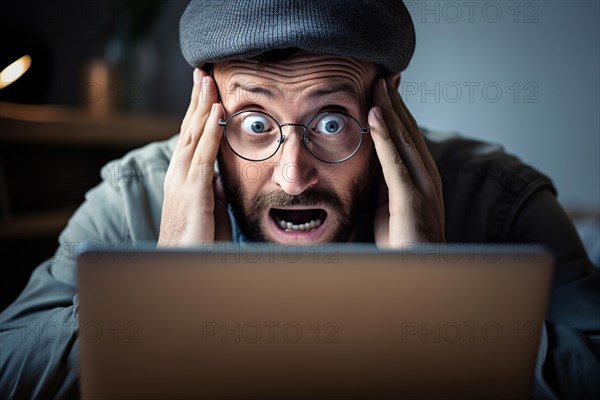 A man with round glasses looks shocked at the display of his notebook