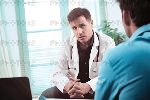 A doctor in a white coat with a stethoscope talking to a patient