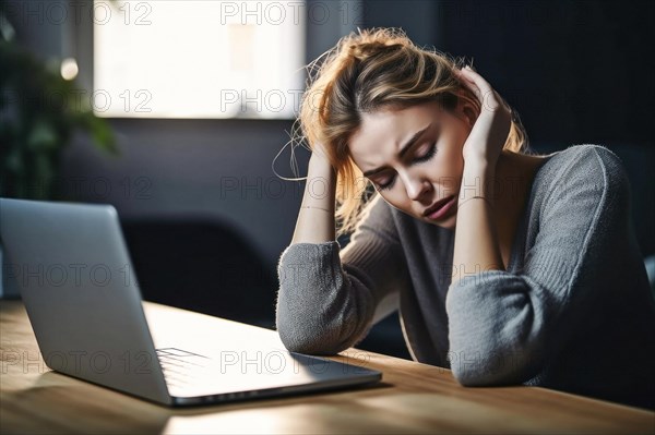 Young woman sitting exhausted at a notebook