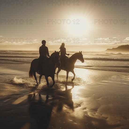 Two horsemen in natural surroundings ride along the sea