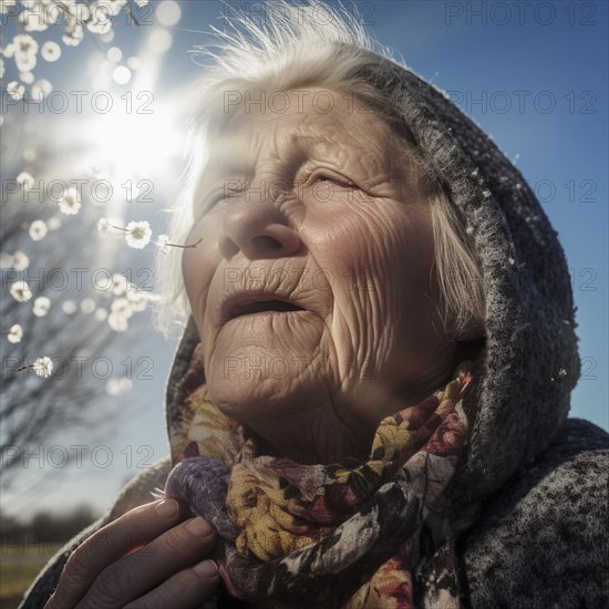 Hay fever child suffers from hay fever and is surrounded by pollen flowers