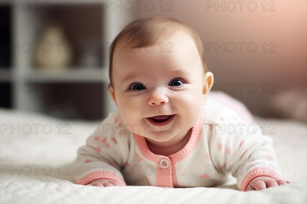 A laughing dark-haired baby in a pink romper suit