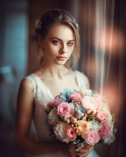 A bride in a white wedding dress holds a beautiful bridal bouquet