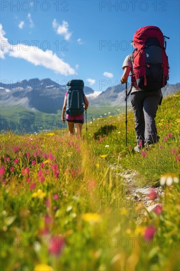Two mountain hikers with backpacks