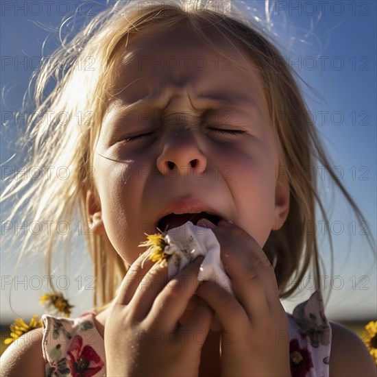 Hay fever child suffers from hay fever and is surrounded by pollen flowers