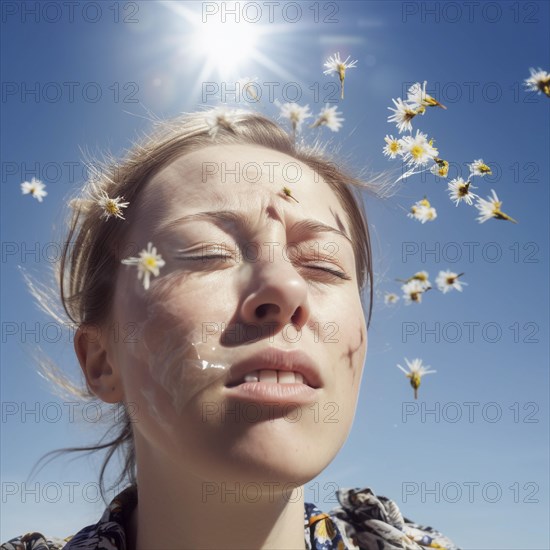 Hay fever child suffers from hay fever and is surrounded by pollen flowers