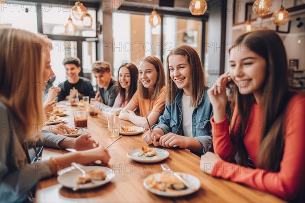 A group of teenagers have fun eating at a restaurant