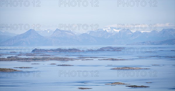 View of sea with archipelago islands from Svellingsflaket and mountains