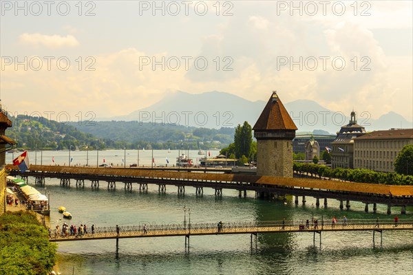 City of Lucerne with Bridge Tower in a Sunny Day in Switzerland