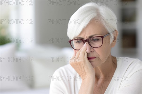 White-haired woman with glasses looks down in shock