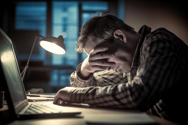 A man sits exhausted at a notebook