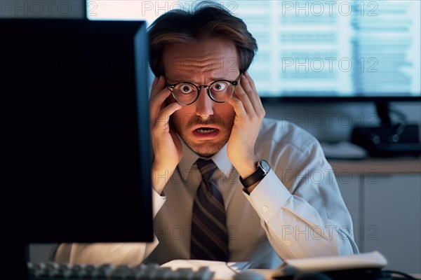 A stockbroker in glasses looks in shock at the display of his notebook