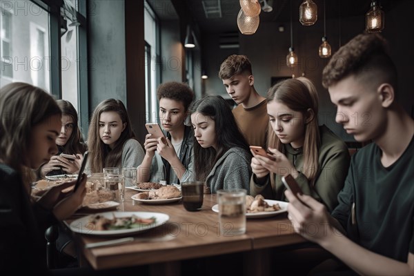 A group of young people in a restaurant are bored with their mobile phones