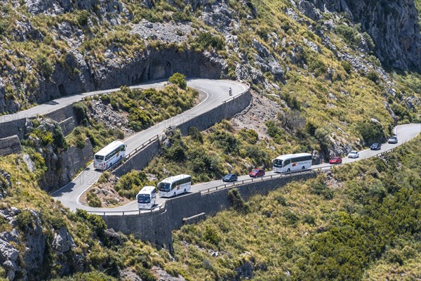 Traffic jam at mountain pass with serpentines to Sa Colobra