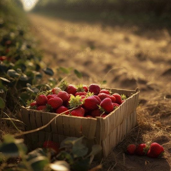 Raffia basket with fresh strawberries in a natural environment in a field