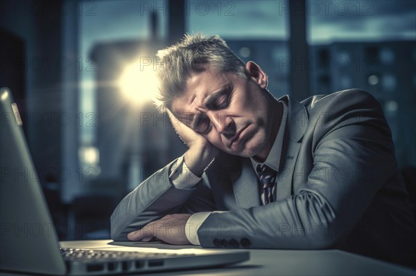 A man sits exhausted at a notebook