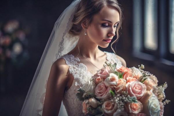 A bride in a white wedding dress holds a beautiful bridal bouquet