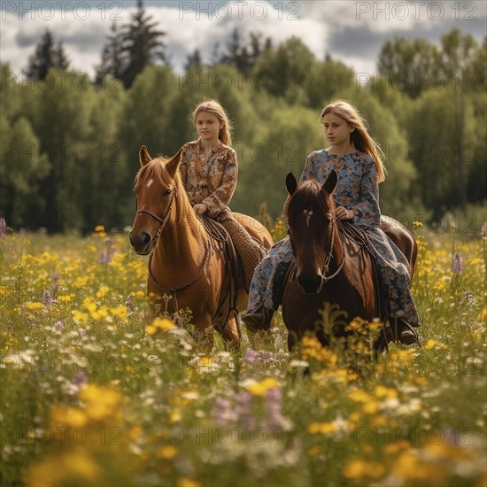 Two riders in a natural setting ride on a meadow