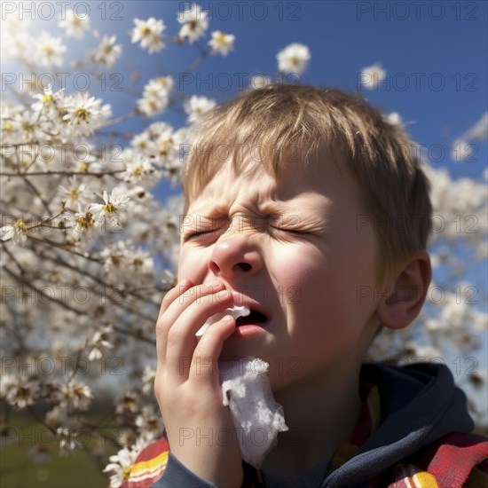 Hay fever child suffers from hay fever and is surrounded by pollen flowers