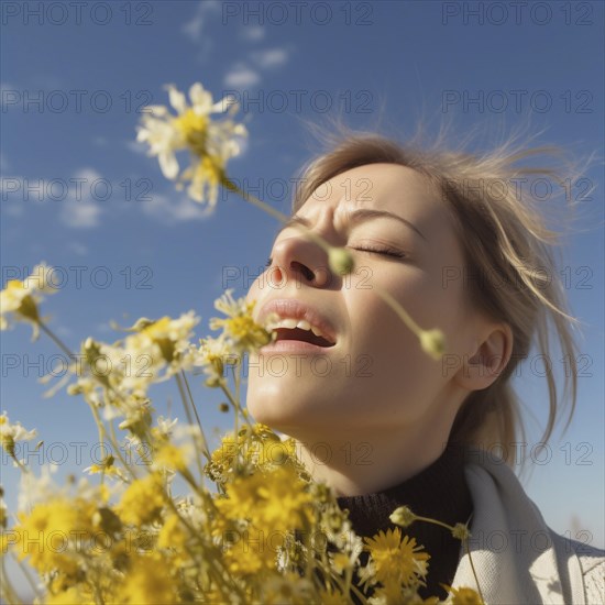 Hay fever child suffers from hay fever and is surrounded by pollen flowers