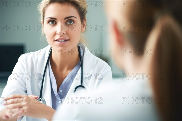 A doctor in a white coat with a stethoscope talking to a patient