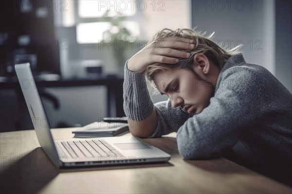 A man sits exhausted at a notebook