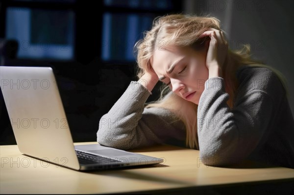 Young woman sitting exhausted at a notebook