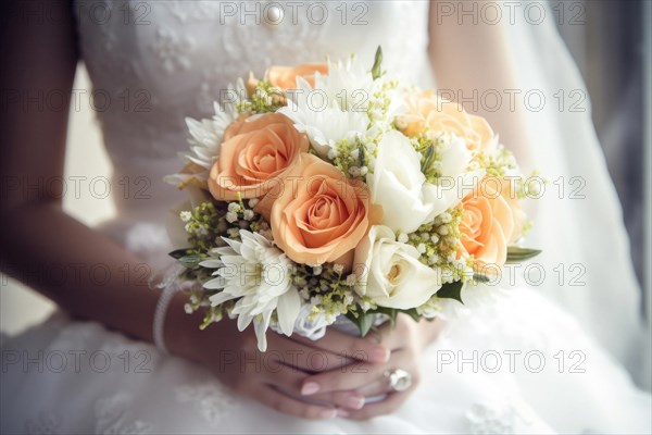 A bride in a white wedding dress holds a beautiful bridal bouquet